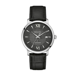 Men's Bulova Hudson Automatic Black Leather Strap Watch with Textured Black Dial (Model: 96B441)