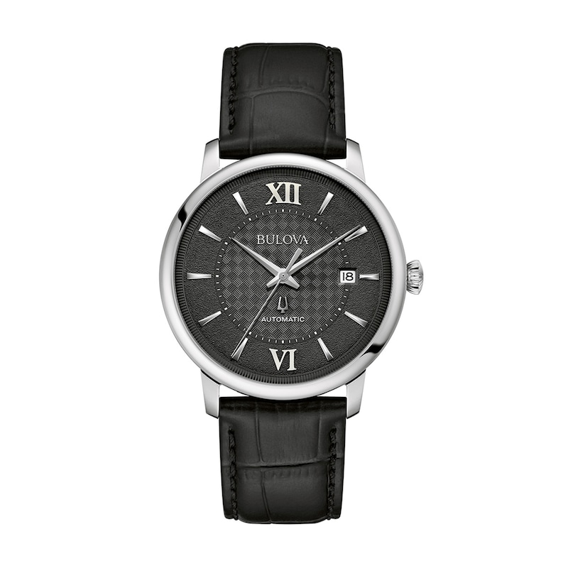 Men's Bulova Hudson Automatic Black Leather Strap Watch with Textured Black Dial (Model: 96B441)