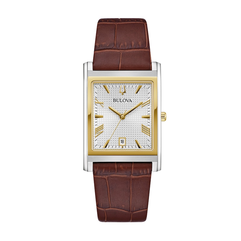 Main Image 1 of Men's Bulova Sutton Two-Tone IP Brown Leather Strap Watch with Rectangular White Dial (Model: 98B430)