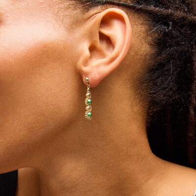 Green Enamel Alternating Bead Drop Earrings in Hollow 18K Gold