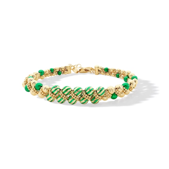 Green Enamel Woven Double Row Bead Bracelet in Hollow 18K Gold - 7.25â