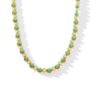 Green Enamel Alternating Bead Necklace in Hollow 18K Gold