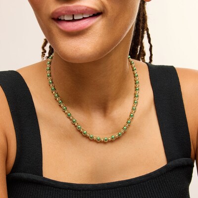 Green Enamel Alternating Bead Necklace in Hollow 18K Gold