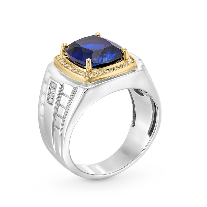 Main Image 3 of Cushion-Cut Blue Lab-Created Sapphire and 0.15 CT. T.W. Diamond Frame Ring in Sterling Silver and 10K Gold