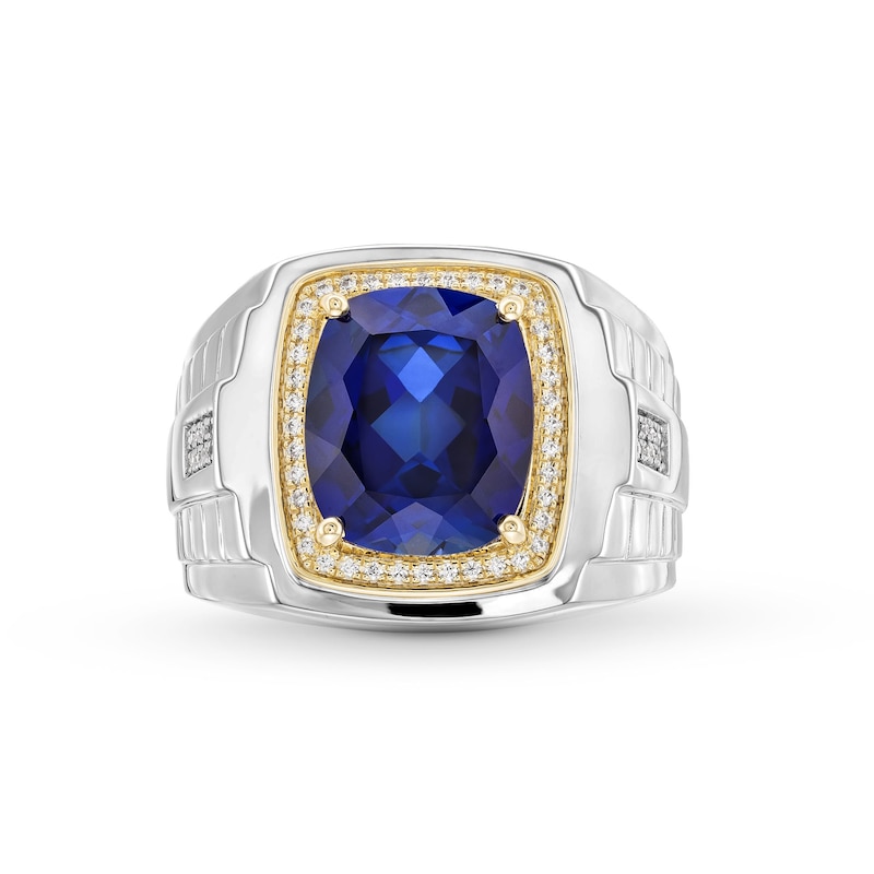 Main Image 4 of Cushion-Cut Blue Lab-Created Sapphire and 0.15 CT. T.W. Diamond Frame Ring in Sterling Silver and 10K Gold