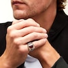 Thumbnail Image 2 of Cushion-Cut Lab-Created Ruby and 0.15 CT. T.W. Diamond Frame Ring in Sterling Silver and 10K Gold