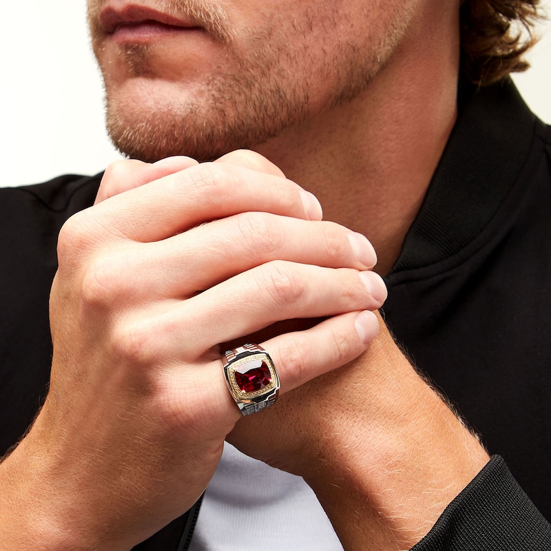 Main Image 2 of Cushion-Cut Lab-Created Ruby and 0.15 CT. T.W. Diamond Frame Ring in Sterling Silver and 10K Gold