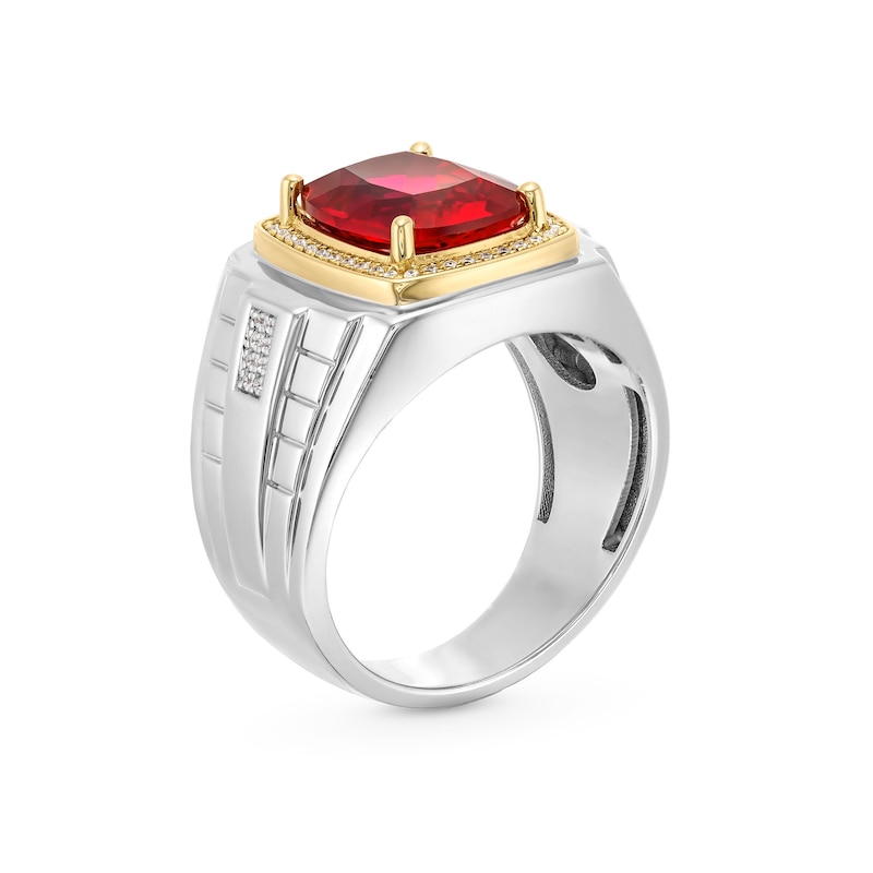 Main Image 3 of Cushion-Cut Lab-Created Ruby and 0.15 CT. T.W. Diamond Frame Ring in Sterling Silver and 10K Gold