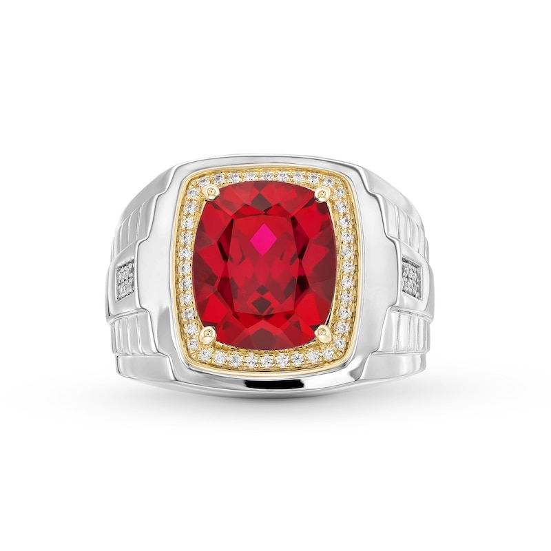 Main Image 4 of Cushion-Cut Lab-Created Ruby and 0.15 CT. T.W. Diamond Frame Ring in Sterling Silver and 10K Gold