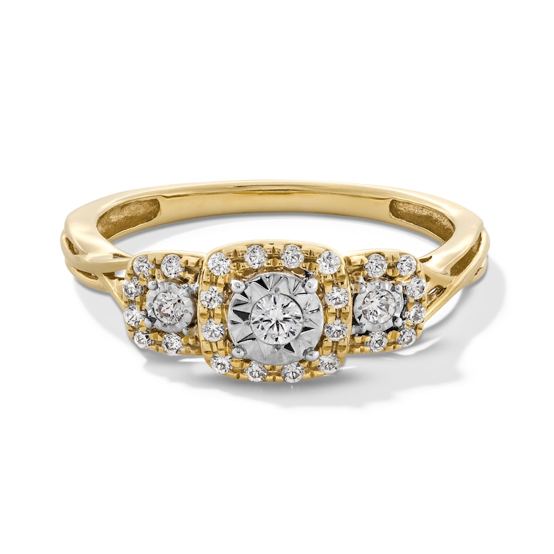 Main Image 3 of 0.25 CT. T.W. Diamond Miracle Cushion Frame Past Present Future® Engagement Ring in 10K Gold