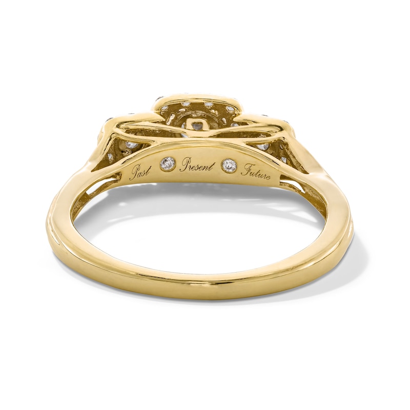 Main Image 4 of 0.25 CT. T.W. Diamond Miracle Cushion Frame Past Present Future® Engagement Ring in 10K Gold
