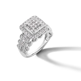 1.00 CT. T.W. Princess-Cut Multi-Diamond Cushion Frame Scalloped Shank Vintage-Style Engagement Ring in 10K White Gold