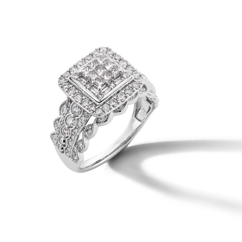 Main Image 1 of 1.00 CT. T.W. Princess-Cut Multi-Diamond Cushion Frame Scalloped Shank Vintage-Style Engagement Ring in 10K White Gold