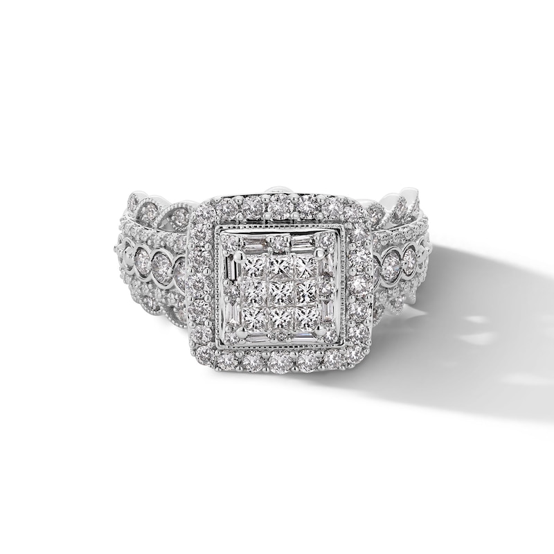 Main Image 3 of 1.00 CT. T.W. Princess-Cut Multi-Diamond Cushion Frame Scalloped Shank Vintage-Style Engagement Ring in 10K White Gold