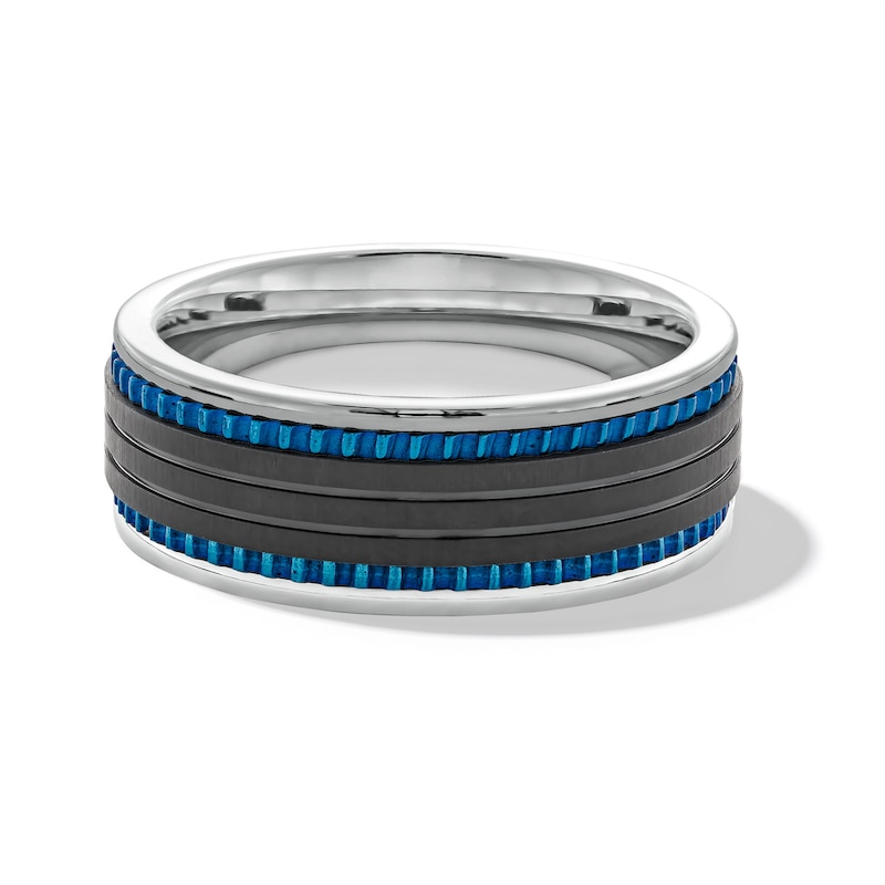 Main Image 3 of 8.0mm Triple Row Grooved Edge Wedding Band in Stainless Steel with Black and Blue Ion Plate - Size 10