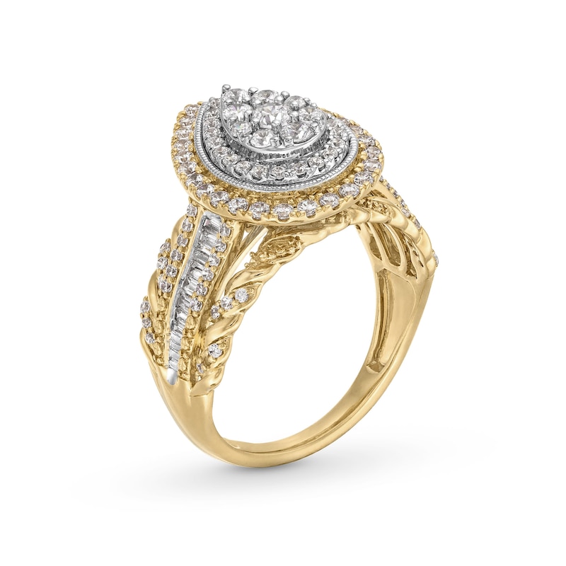 Main Image 3 of 1.00 CT. T.W. Pear-Shaped Multi-Diamond Double Frame Multi-Row Twist Shank Engagement Ring in 10K Gold