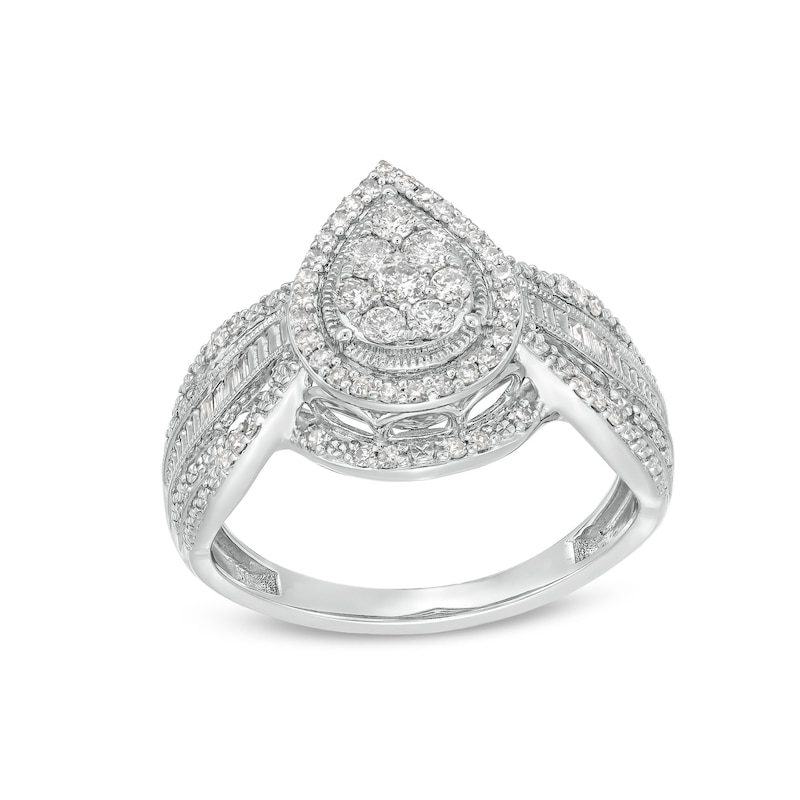 Main Image 1 of 0.50 CT. T.W. Pear-Shaped Multi-Diamond Frame Multi-Row Vintage-Style Engagement Ring in 10K White Gold