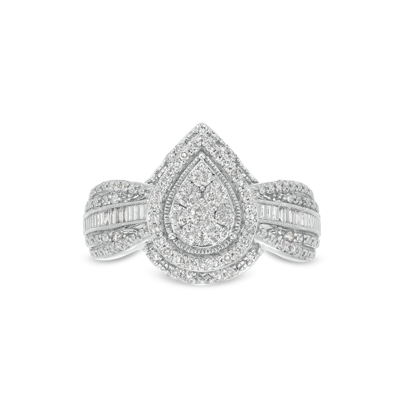 Main Image 4 of 0.50 CT. T.W. Pear-Shaped Multi-Diamond Frame Multi-Row Vintage-Style Engagement Ring in 10K White Gold