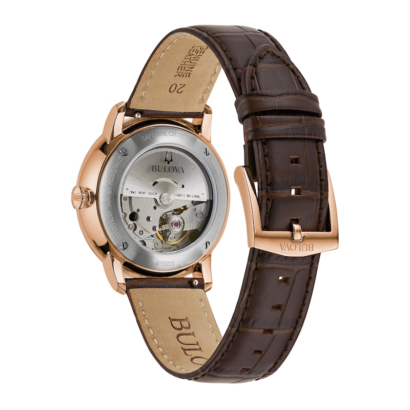 Main Image 3 of Men's Bulova Hudson Automatic Rose-Tone IP Brown Leather Strap Watch with Textured White Dial (Model: 97B225)