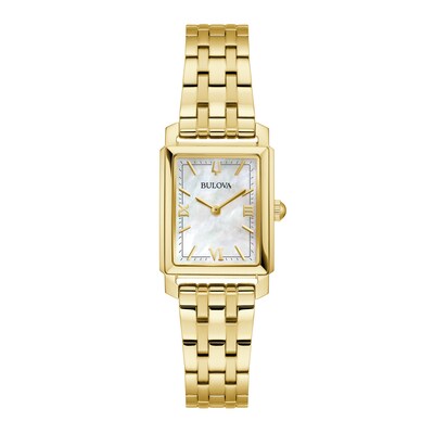Ladies' Bulova Sutton Gold-Tone IP Watch with Rectangular Mother-of-Pearl Dial (Model: 97L177)