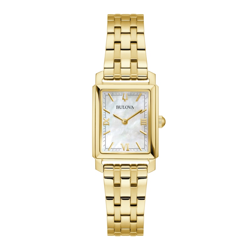 Ladies' Bulova Sutton Gold-Tone IP Watch with Rectangular Mother-of-Pearl Dial (Model: 97L177)
