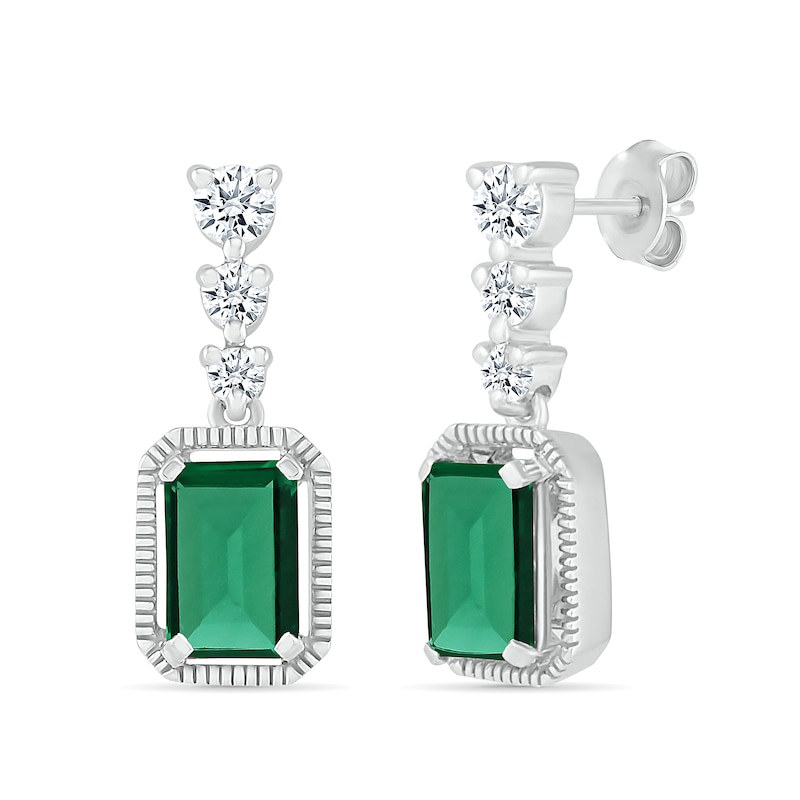 Main Image 1 of Emerald-Cut Lab-Created Emerald and White Lab-Created Sapphire Vintage-Style Drop Earrings in Sterling Silver