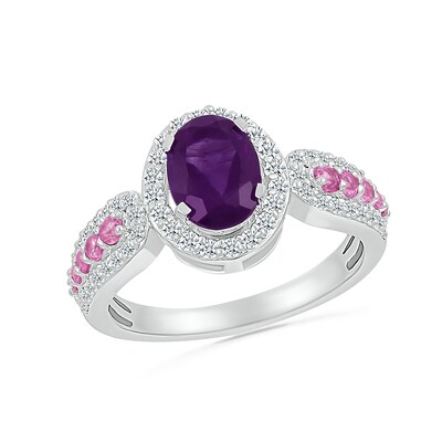 Oval Amethyst with Pink and White Lab-Created Sapphire Loop Shank Ring in Sterling Silver