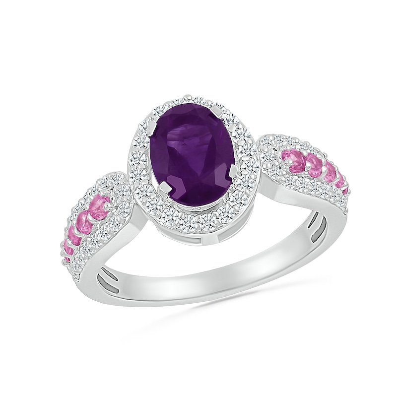 Oval Amethyst with Pink and White Lab-Created Sapphire Loop Shank Ring in Sterling Silver