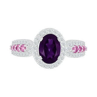 Oval Amethyst with Pink and White Lab-Created Sapphire Loop Shank Ring in Sterling Silver