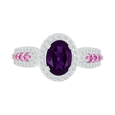Oval Amethyst with Pink and White Lab-Created Sapphire Loop Shank Ring in Sterling Silver