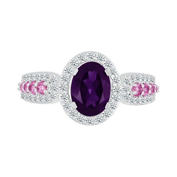 Oval Amethyst with Pink and White Lab-Created Sapphire Loop Shank Ring in Sterling Silver