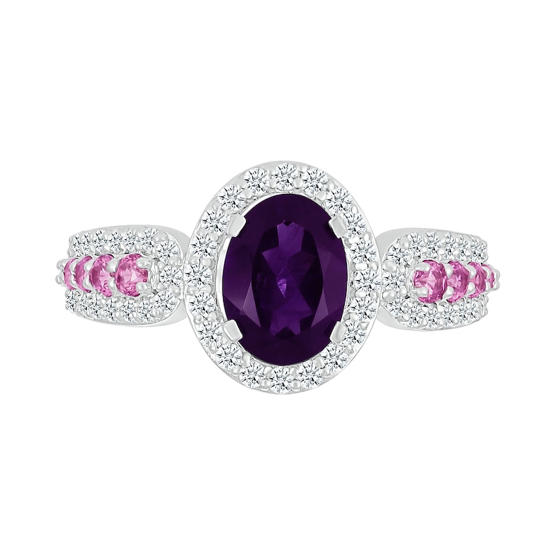 Oval Amethyst with Pink and White Lab-Created Sapphire Loop Shank Ring in Sterling Silver