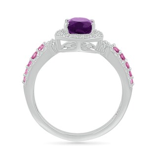 Oval Amethyst with Pink and White Lab-Created Sapphire Loop Shank Ring in Sterling Silver