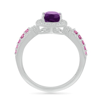 Oval Amethyst with Pink and White Lab-Created Sapphire Loop Shank Ring in Sterling Silver