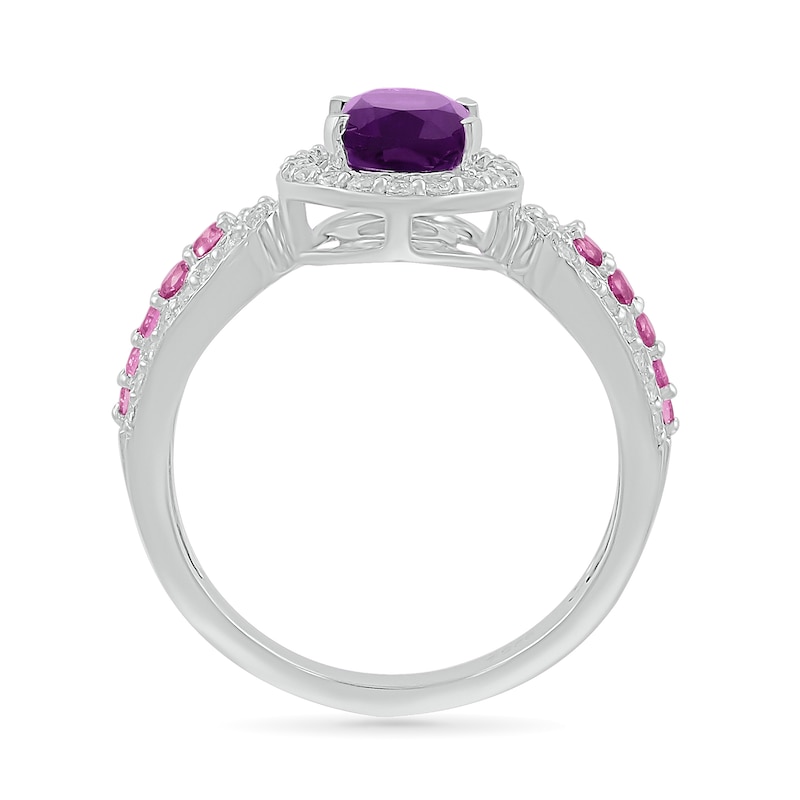 Oval Amethyst with Pink and White Lab-Created Sapphire Loop Shank Ring in Sterling Silver