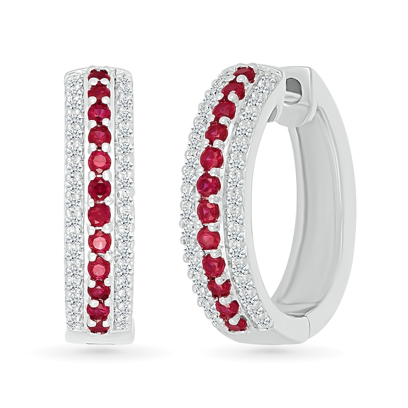Main Image 1 of Lab-Created Ruby and White Lab-Created Sapphire Edge Hoop Earrings in Sterling Silver