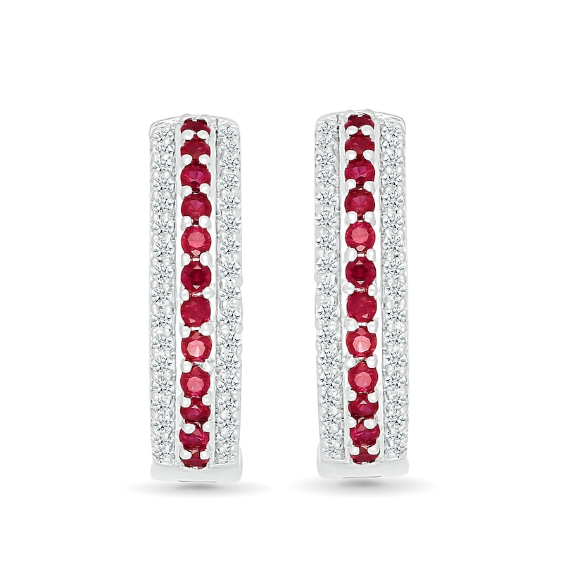 Main Image 2 of Lab-Created Ruby and White Lab-Created Sapphire Edge Hoop Earrings in Sterling Silver