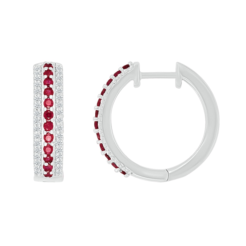 Main Image 3 of Lab-Created Ruby and White Lab-Created Sapphire Edge Hoop Earrings in Sterling Silver