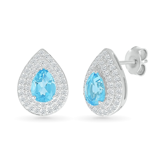 Pear-Shaped Swiss Blue Topaz and White Lab-Created Sapphire Double Frame Stud Earrings in Sterling Silver