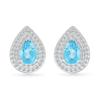 Pear-Shaped Swiss Blue Topaz and White Lab-Created Sapphire Double Frame Stud Earrings in Sterling Silver