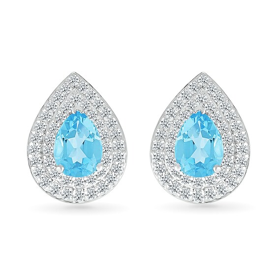 Pear-Shaped Swiss Blue Topaz and White Lab-Created Sapphire Double Frame Stud Earrings in Sterling Silver