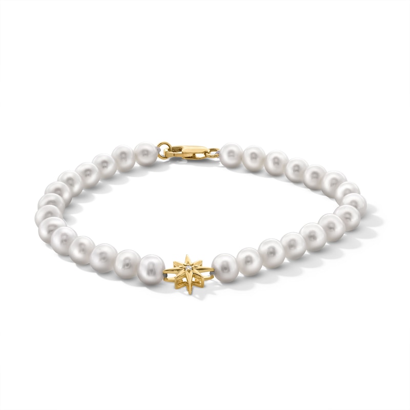 Main Image 1 of Freshwater Cultured Pearl and Diamond Accent North Star Bead Strand Bracelet in 10K Gold - 8”