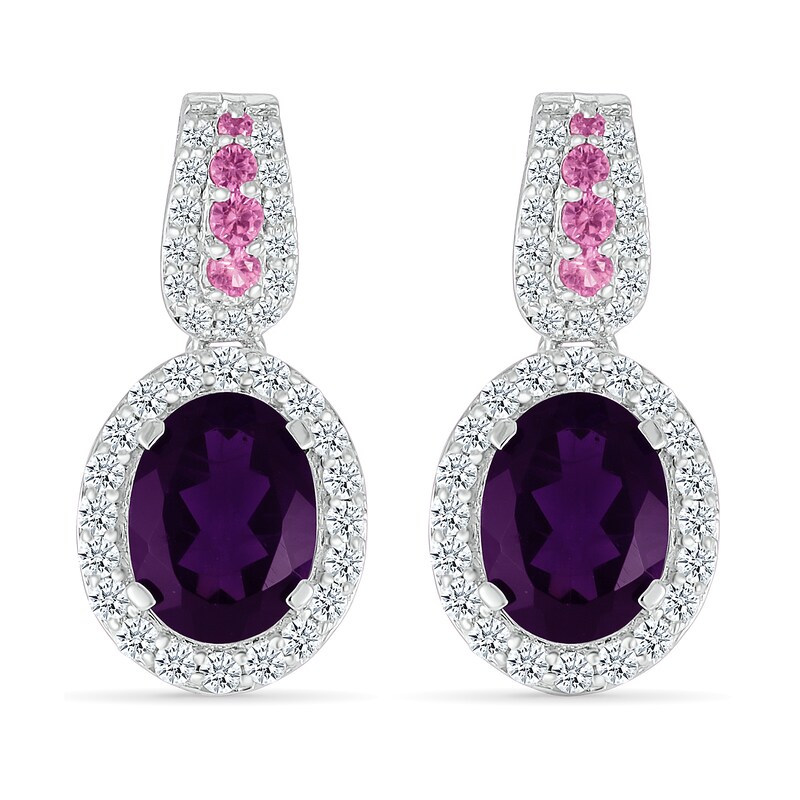 Main Image 2 of Oval Amethyst with Pink and White Lab-Created Sapphire Loop Drop Earrings in Sterling Silver