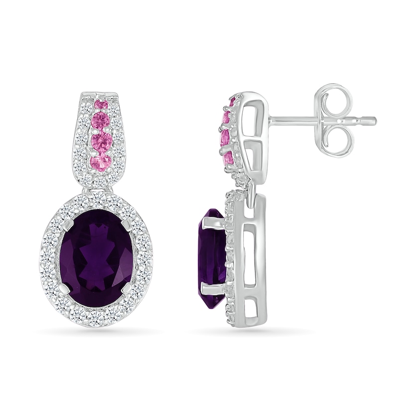 Main Image 3 of Oval Amethyst with Pink and White Lab-Created Sapphire Loop Drop Earrings in Sterling Silver