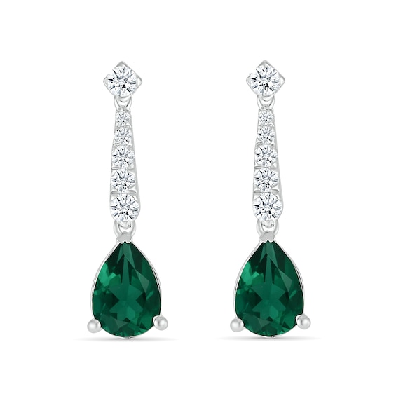 Pear-Shaped Lab-Created Emerald and White Lab-Created Sapphire Drop Earrings in Sterling Silver