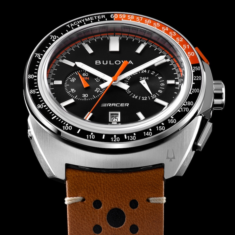 Main Image 4 of Men’s Bulova Racer Chronograph Brown Leather Strap Watch with Black Dial (Model: 98B427)