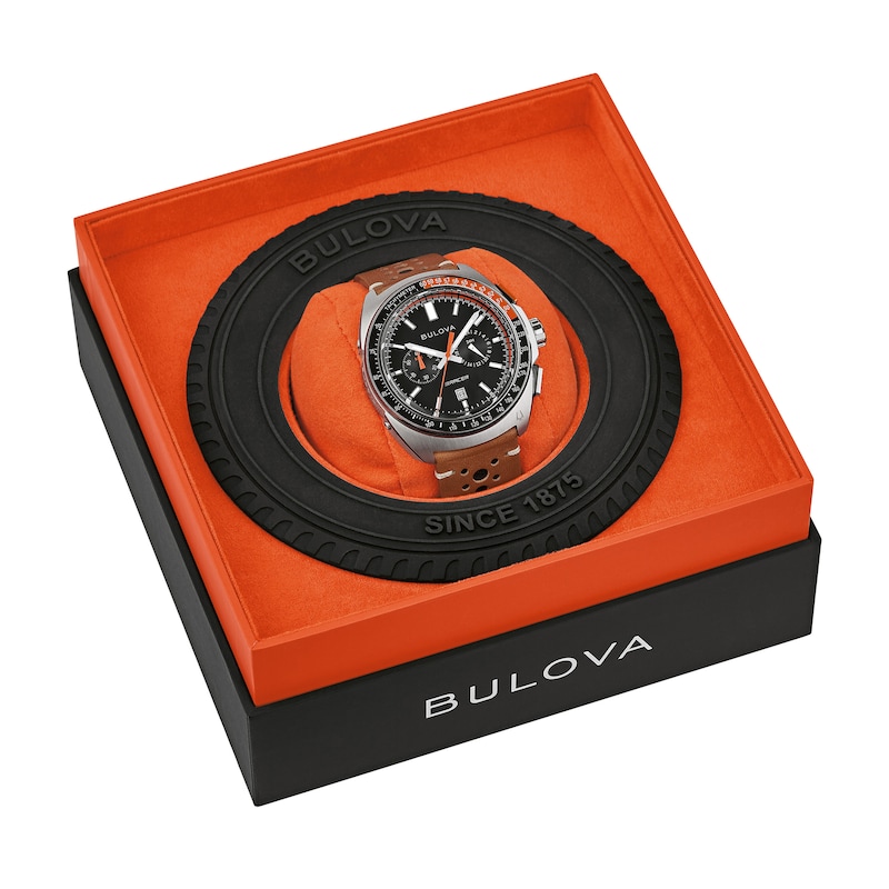 Main Image 5 of Men’s Bulova Racer Chronograph Brown Leather Strap Watch with Black Dial (Model: 98B427)