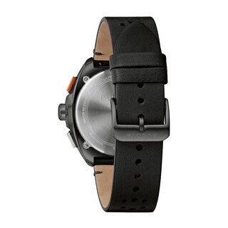 Men’s Bulova Racer Chronograph Black IP Leather Strap Watch with Black Dial (Model: 98B428)