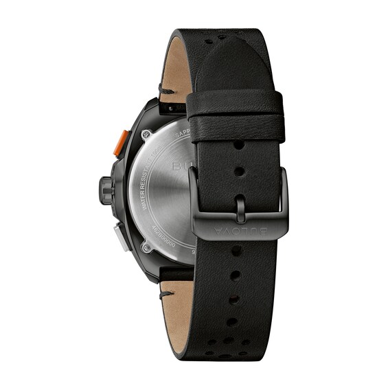 Men’s Bulova Racer Chronograph Black IP Leather Strap Watch with Black Dial (Model: 98B428)