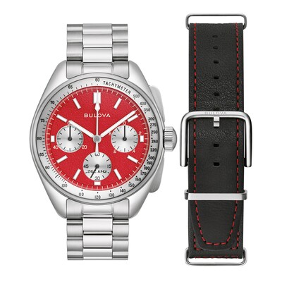 Men's Bulova Lunar Pilot Chronograph Watch with Red Dial and Interchangeable Black Leather Strap (Model: 96K115)